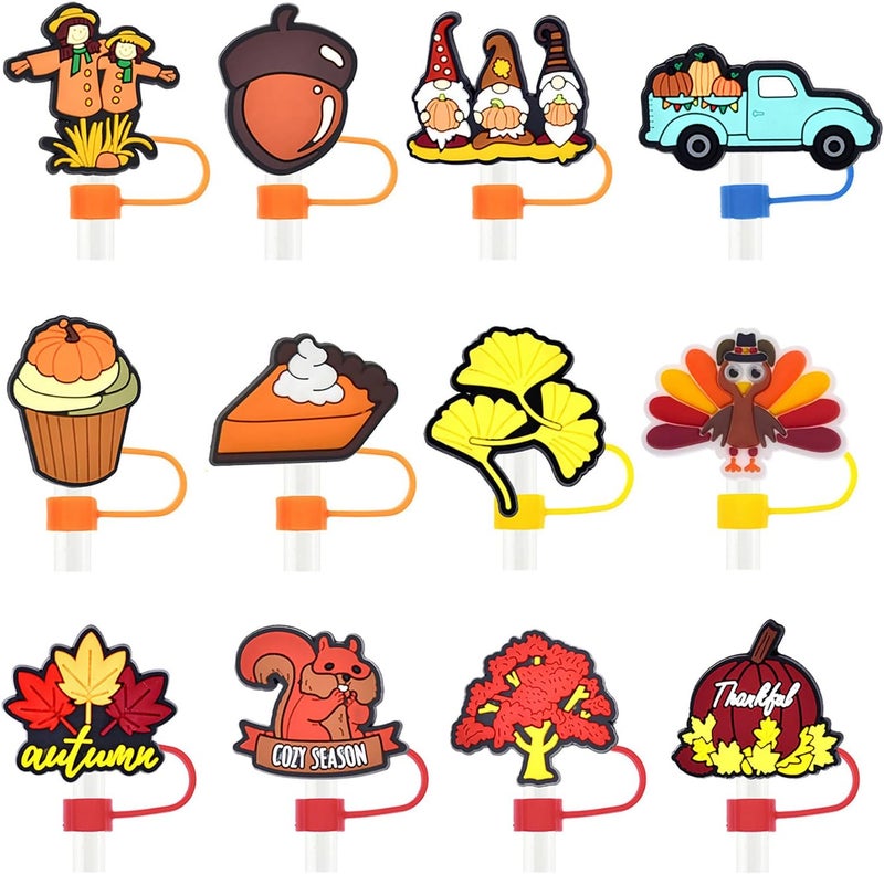 LYLYNB 12Pcs Fall Straw Toppers Maple Leaves Pumpkin Squirrel Cute Design Straws Tips Cover Thanksgiving Straw Cover Cap Reusable Drinking Straw Topper 10mm Autumn Stanley Cup Accessories Cute Straw Covers - Image 1